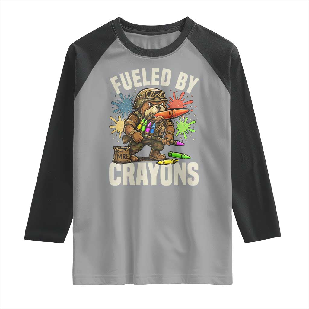 Fueled by Crayons Bulldog Soldier Raglan Shirt Funny Combat Veteran Crayon Launcher TS02 Sport Gray Black Print Your Wear