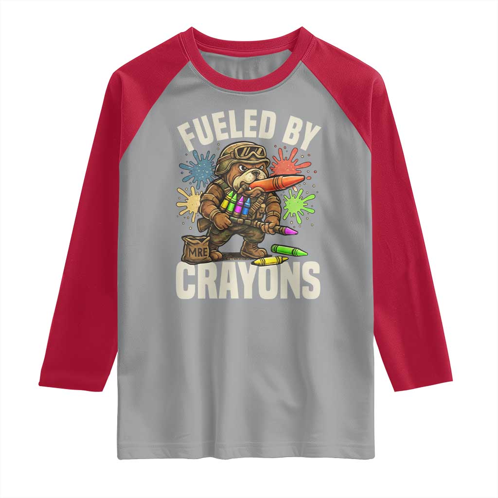 Fueled by Crayons Bulldog Soldier Raglan Shirt Funny Combat Veteran Crayon Launcher TS02 Sport Gray Red Print Your Wear