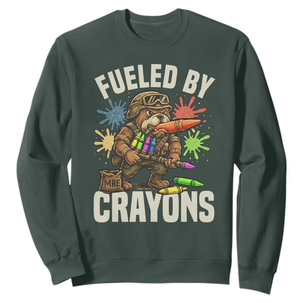 Fueled by Crayons Bulldog Soldier Sweatshirt Funny Combat Veteran Crayon Launcher TS02 Dark Forest Green Print Your Wear