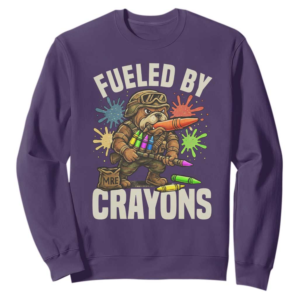 Fueled by Crayons Bulldog Soldier Sweatshirt Funny Combat Veteran Crayon Launcher TS02 Purple Print Your Wear