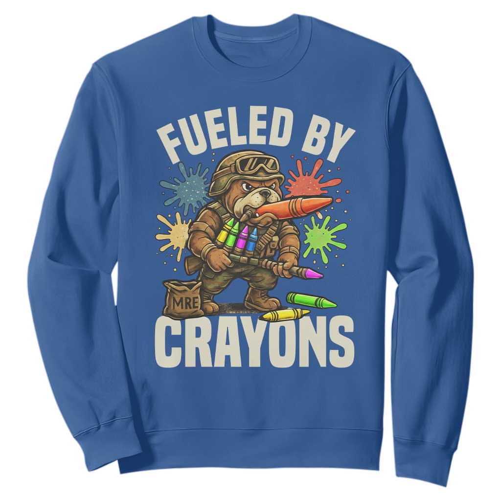 Fueled by Crayons Bulldog Soldier Sweatshirt Funny Combat Veteran Crayon Launcher TS02 Royal Blue Print Your Wear