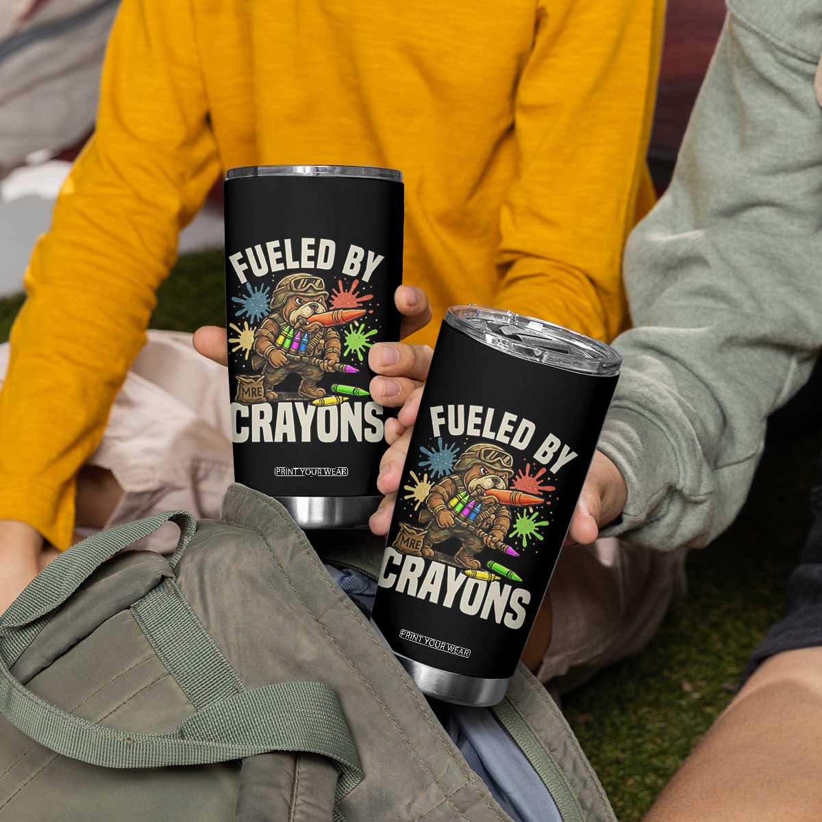 Fueled by Crayons Bulldog Soldier Tumbler Cup Funny Combat Veteran Crayon Launcher TS02 Print Your Wear