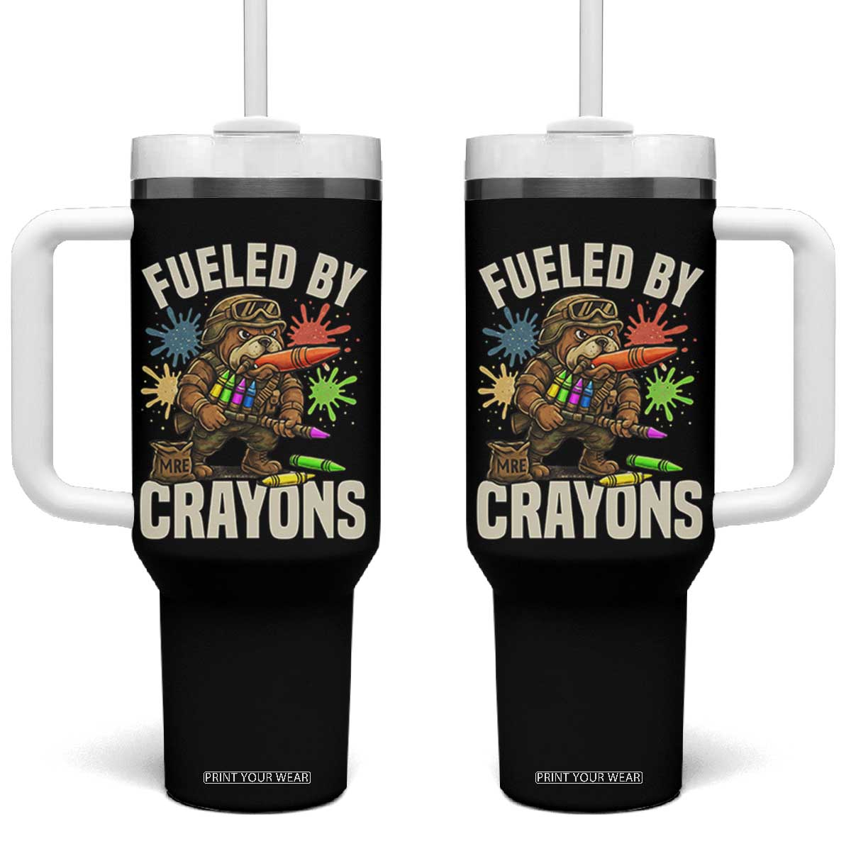 Fueled by Crayons Bulldog Soldier Tumbler With Handle Funny Combat Veteran Crayon Launcher TS02 One Size: 40 oz Black Print Your Wear