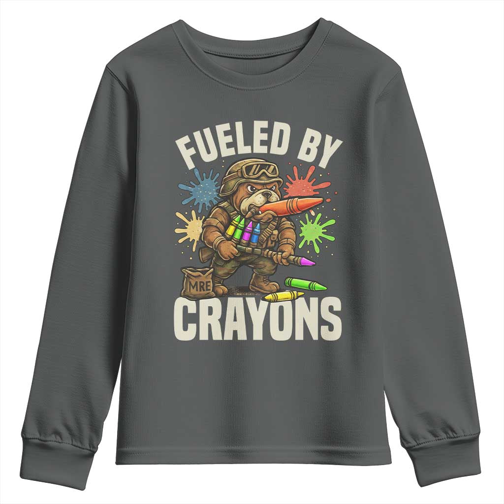 Fueled by Crayons Bulldog Soldier Youth Sweatshirt Funny Combat Veteran Crayon Launcher TS02 Dark Heather Print Your Wear