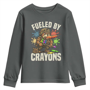 Fueled by Crayons Bulldog Soldier Youth Sweatshirt Funny Combat Veteran Crayon Launcher TS02 Dark Heather Print Your Wear