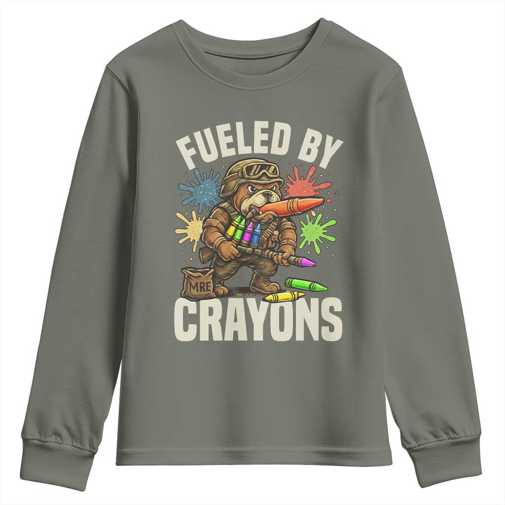 Fueled by Crayons Bulldog Soldier Youth Sweatshirt Funny Combat Veteran Crayon Launcher TS02 Military Green Print Your Wear