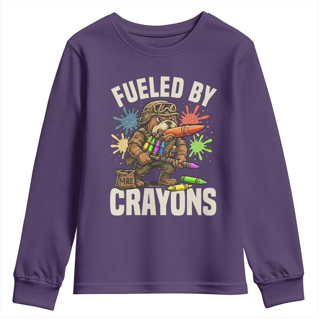 Fueled by Crayons Bulldog Soldier Youth Sweatshirt Funny Combat Veteran Crayon Launcher TS02 Purple Print Your Wear