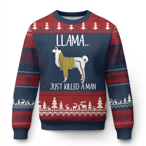 Funny Llama Just Killed a Man Ugly Christmas Sweater Animal Pun Internet Meme TS02 Navy Red Print Your Wear