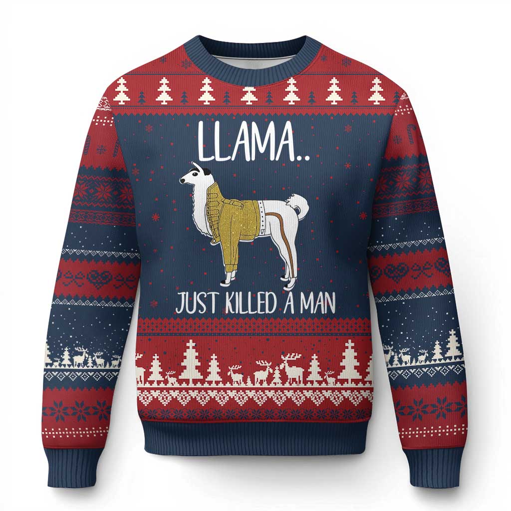 Funny Llama Just Killed a Man Ugly Christmas Sweater Animal Pun Internet Meme TS02 Navy Red Print Your Wear