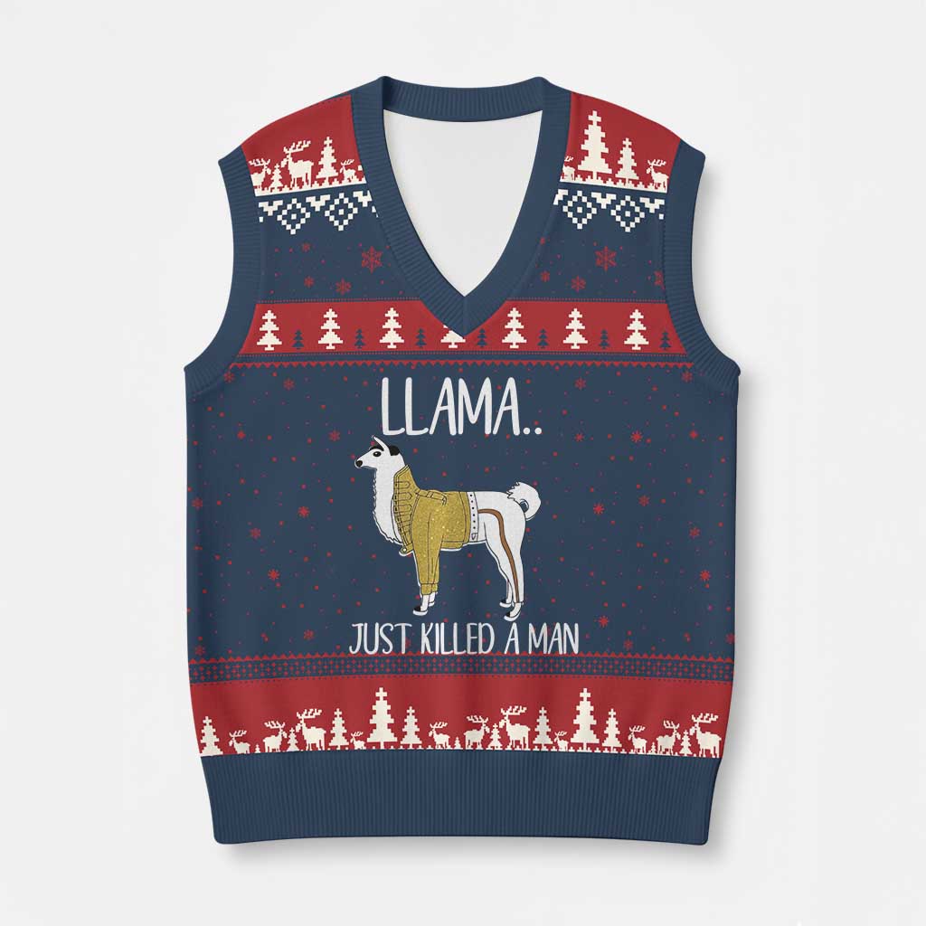 Funny Llama Just Killed a Man V-Neck Knit Sweater Vest Animal Pun Internet Meme TS02 Navy Red Print Your Wear