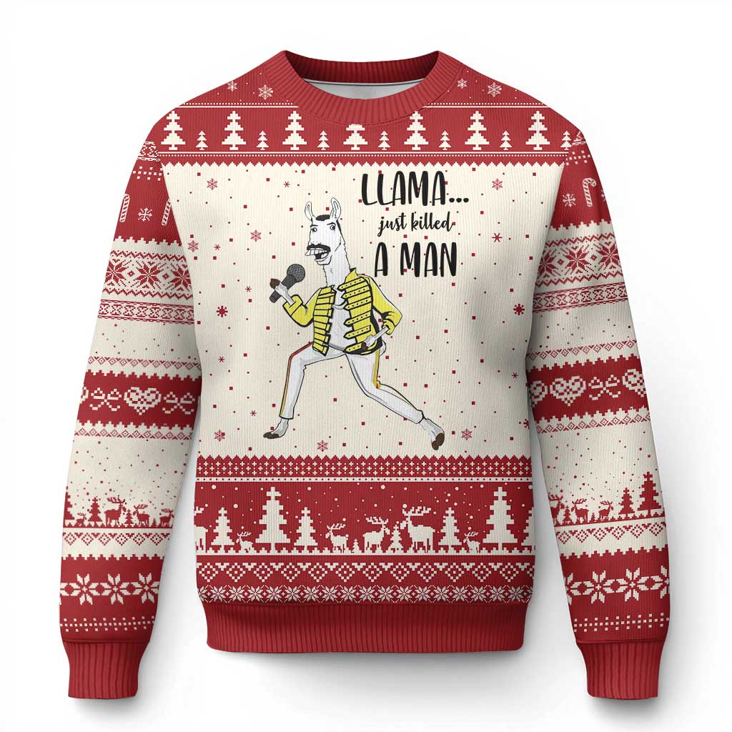 Funny Llama Just Killed a Man Ugly Christmas Sweater Singing Animal Pun Internet Meme TS02 Beige Red Print Your Wear