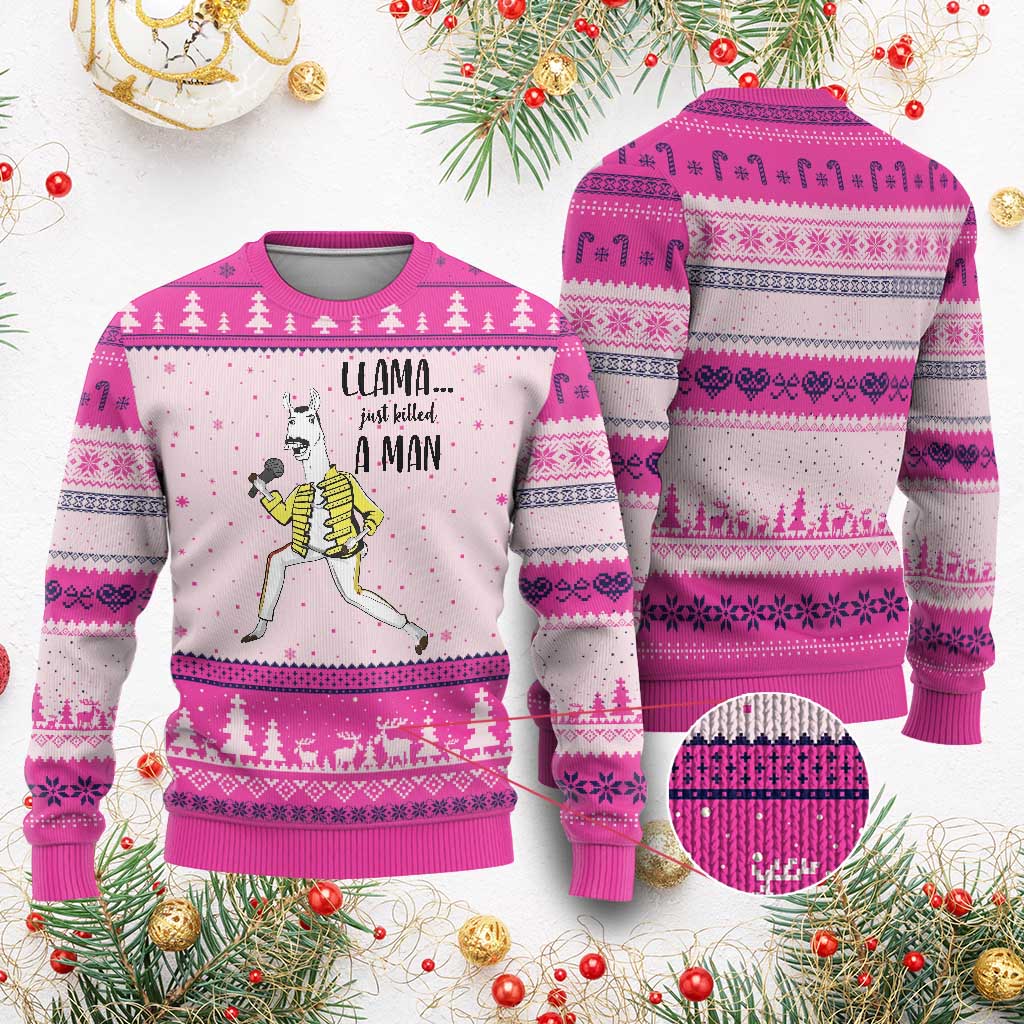 Funny Llama Just Killed a Man Ugly Christmas Sweater Singing Animal Pun Internet Meme TS02 Hot Pink Print Your Wear