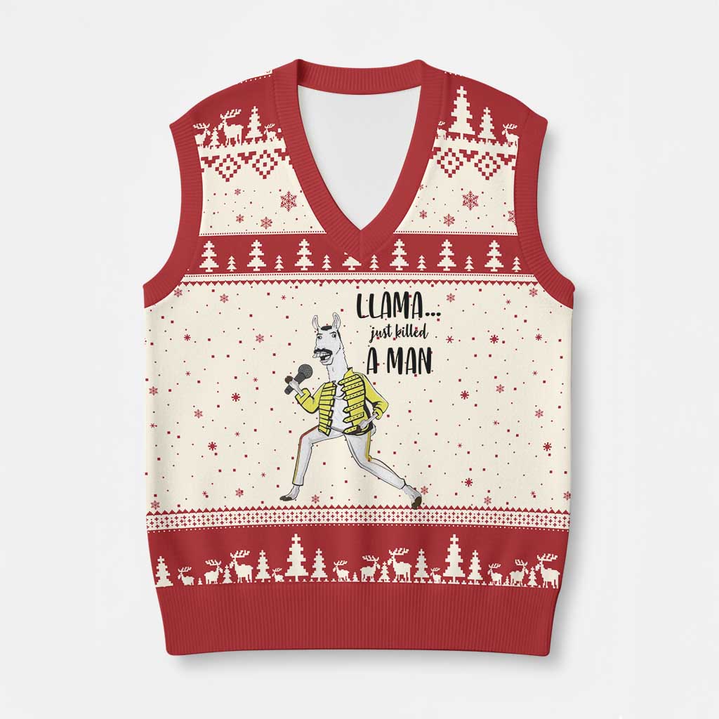 Funny Llama Just Killed a Man V-Neck Knit Sweater Vest Singing Animal Pun Internet Meme TS02 Beige Red Print Your Wear