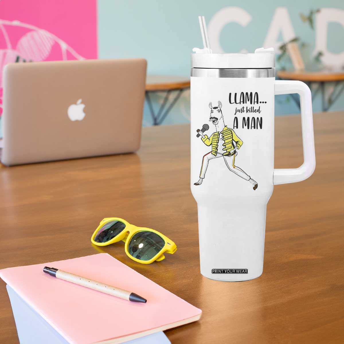 Funny Llama Just Killed a Man Tumbler With Handle Singing Animal Pun Internet Meme TS02 Print Your Wear