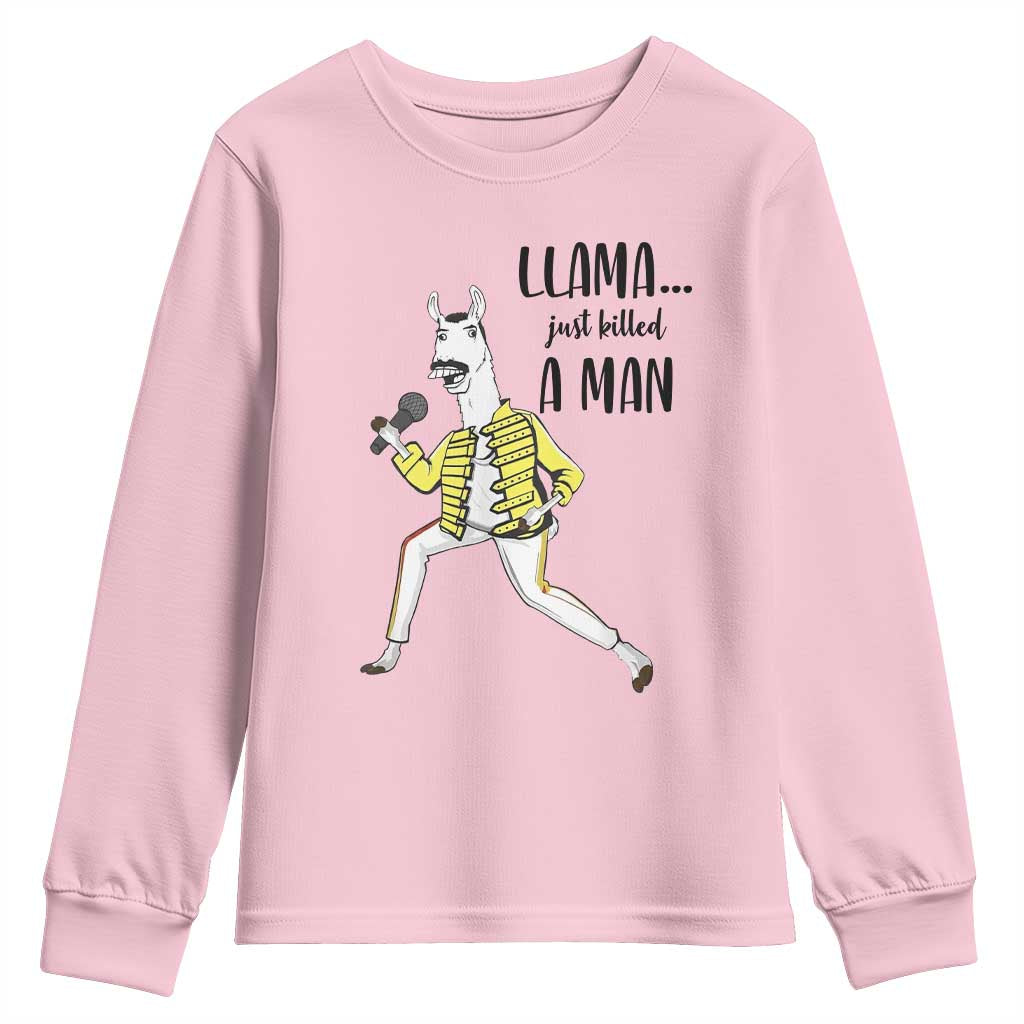 Funny Llama Just Killed a Man Youth Sweatshirt Singing Animal Pun Internet Meme TS02 Light Pink Print Your Wear