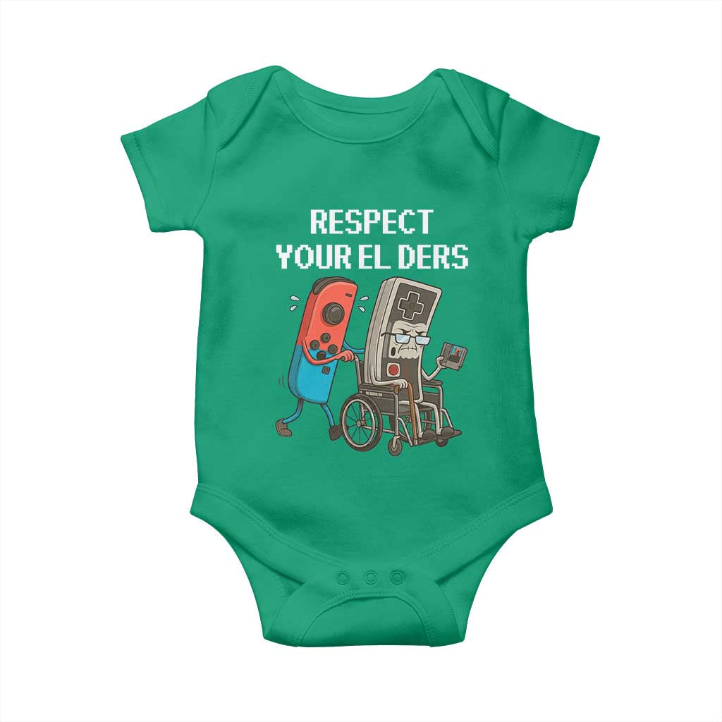 Respect Your Elders Retro Gaming Meme Baby Onesie Funny Gamer Controller 80s TS02 Irish Green Print Your Wear