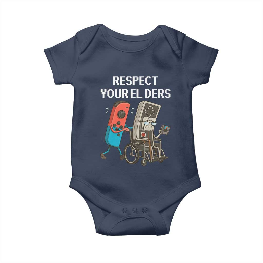 Respect Your Elders Retro Gaming Meme Baby Onesie Funny Gamer Controller 80s TS02 Navy Print Your Wear