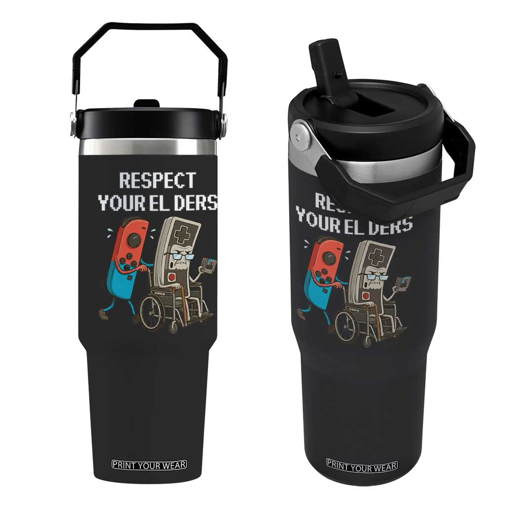 Respect Your Elders Retro Gaming Meme Flip Straw Tumbler Funny Gamer Controller 80s TS02 One Size: 30 oz Black Print Your Wear