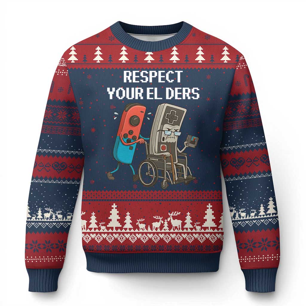 Respect Your Elders Retro Gaming Meme Ugly Christmas Sweater Funny Gamer Controller 80s TS02 Navy Red Print Your Wear
