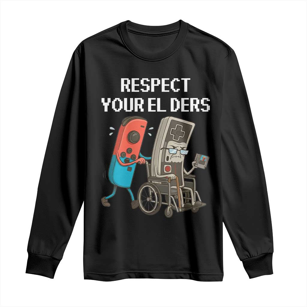 Respect Your Elders Retro Gaming Meme Long Sleeve Shirt Funny Gamer Controller 80s TS02 Black Print Your Wear