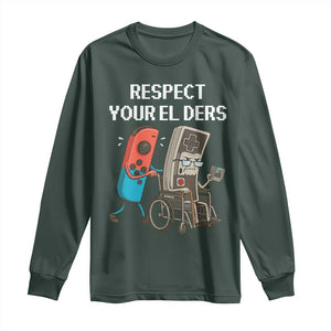 Respect Your Elders Retro Gaming Meme Long Sleeve Shirt Funny Gamer Controller 80s TS02 Dark Forest Green Print Your Wear
