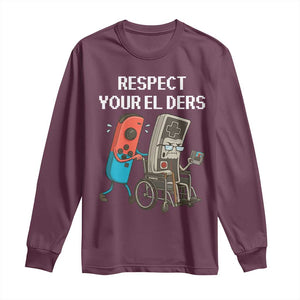 Respect Your Elders Retro Gaming Meme Long Sleeve Shirt Funny Gamer Controller 80s TS02 Maroon Print Your Wear
