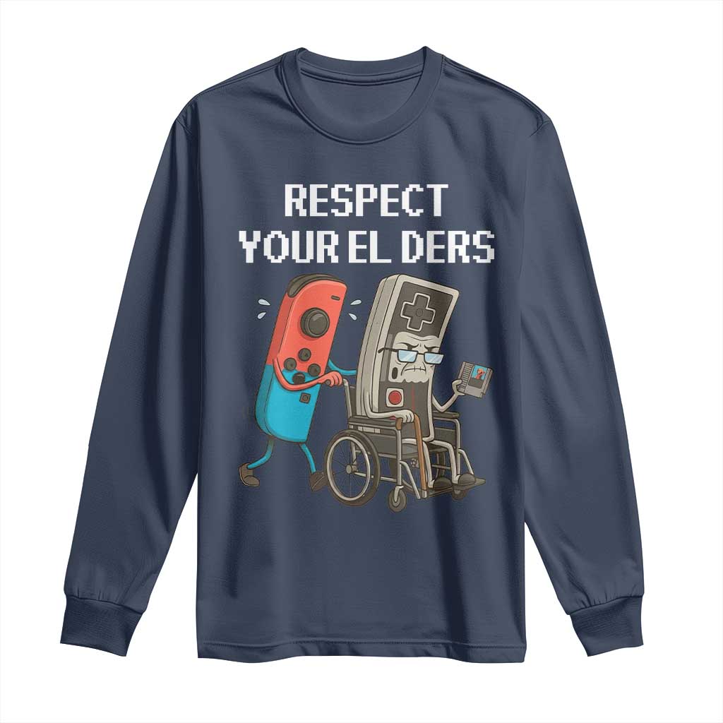 Respect Your Elders Retro Gaming Meme Long Sleeve Shirt Funny Gamer Controller 80s TS02 Navy Print Your Wear