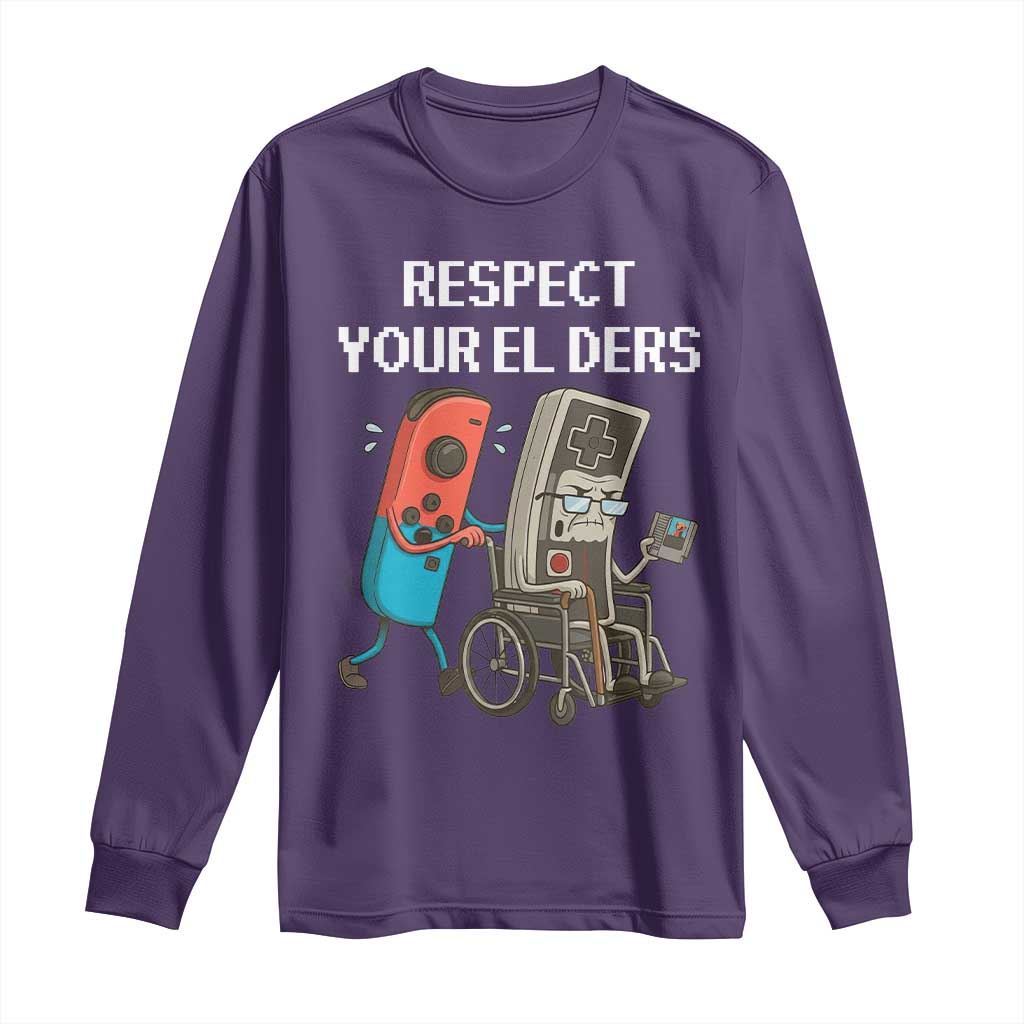 Respect Your Elders Retro Gaming Meme Long Sleeve Shirt Funny Gamer Controller 80s TS02 Purple Print Your Wear
