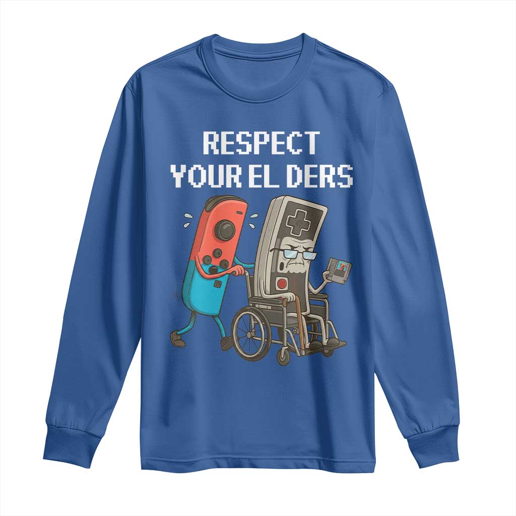 Respect Your Elders Retro Gaming Meme Long Sleeve Shirt Funny Gamer Controller 80s TS02 Royal Blue Print Your Wear