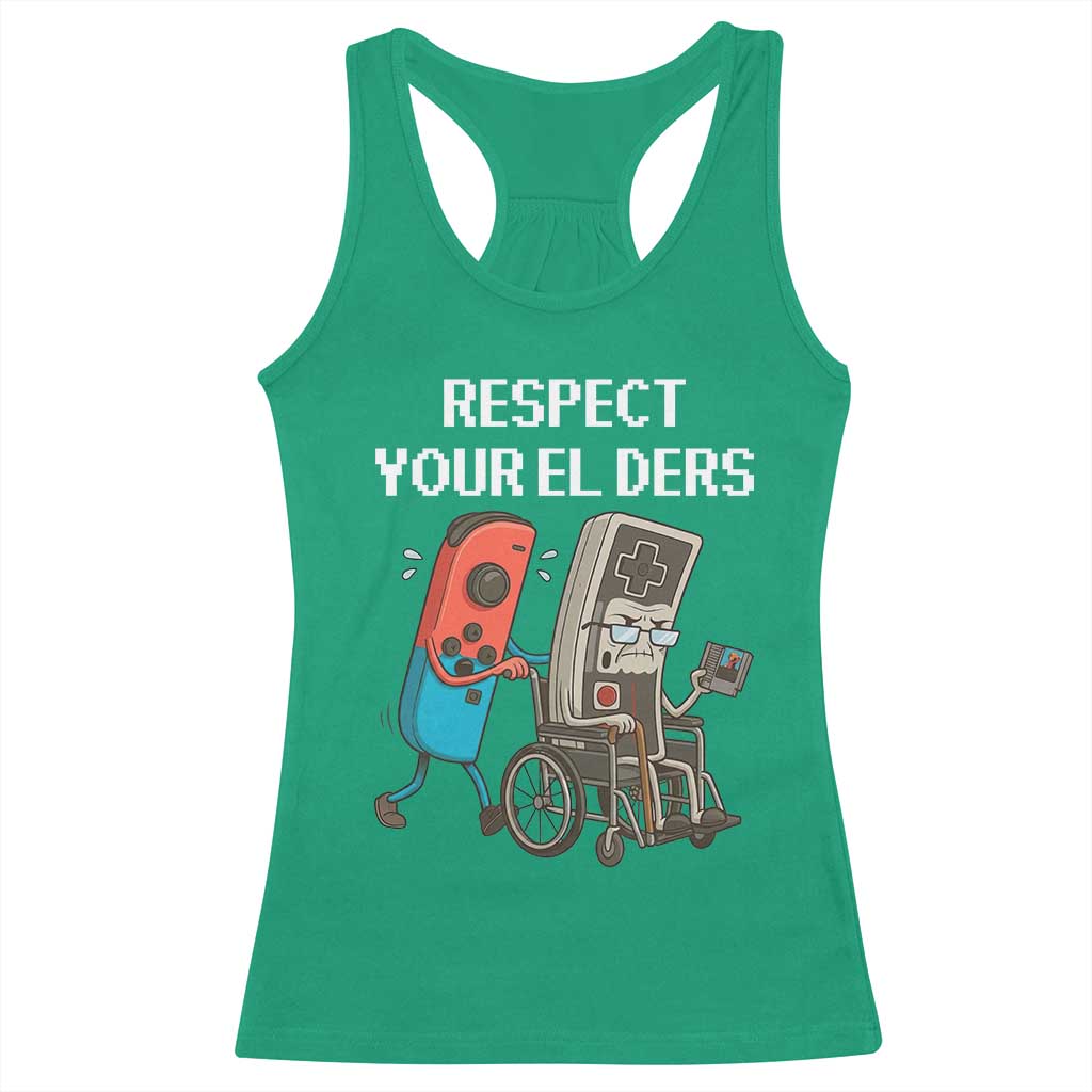Respect Your Elders Retro Gaming Meme Racerback Tank Top Funny Gamer Controller 80s TS02 Irish Green Print Your Wear