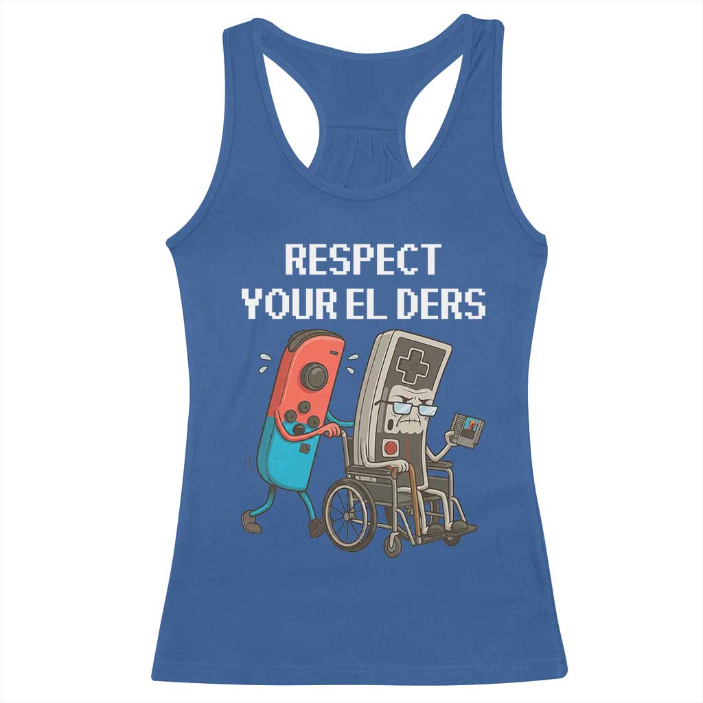 Respect Your Elders Retro Gaming Meme Racerback Tank Top Funny Gamer Controller 80s TS02 Royal Blue Print Your Wear