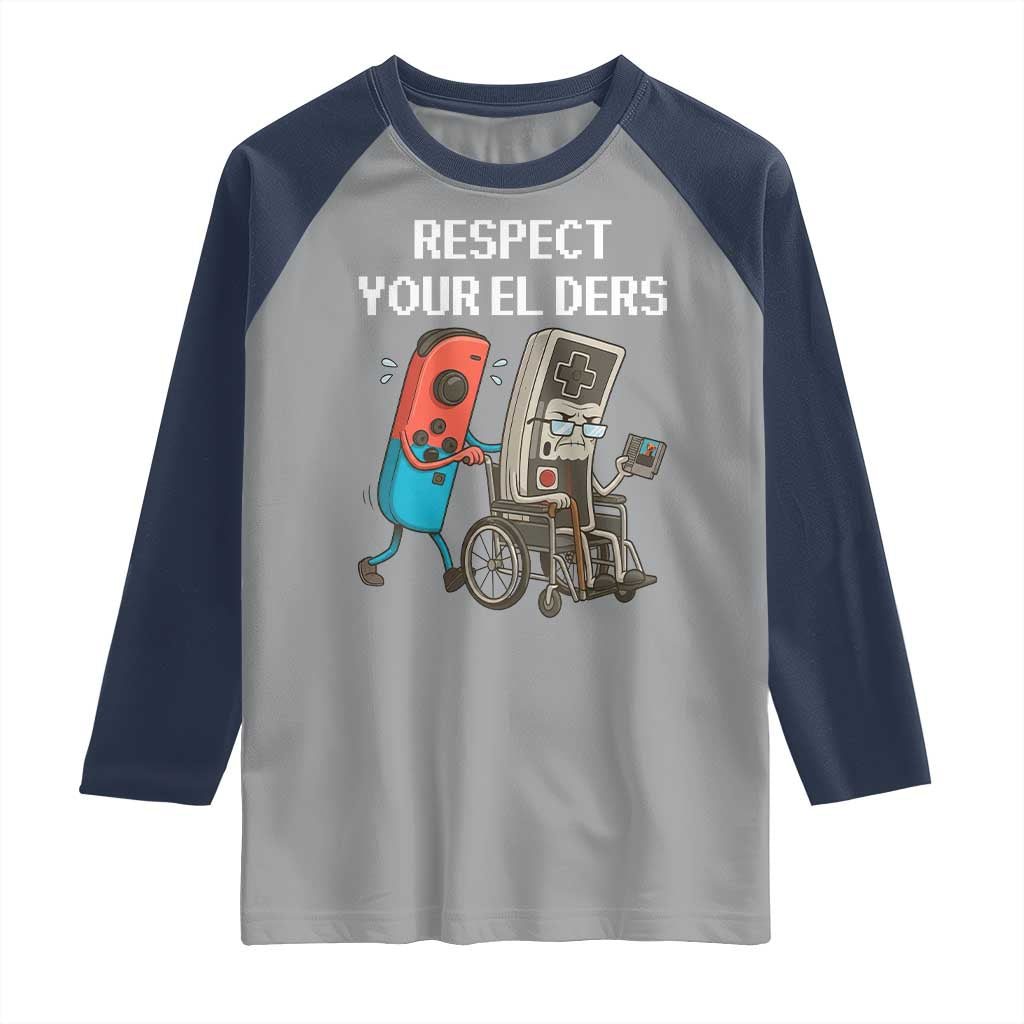 Respect Your Elders Retro Gaming Meme Raglan Shirt Funny Gamer Controller 80s TS02 Sport Gray Navy Print Your Wear