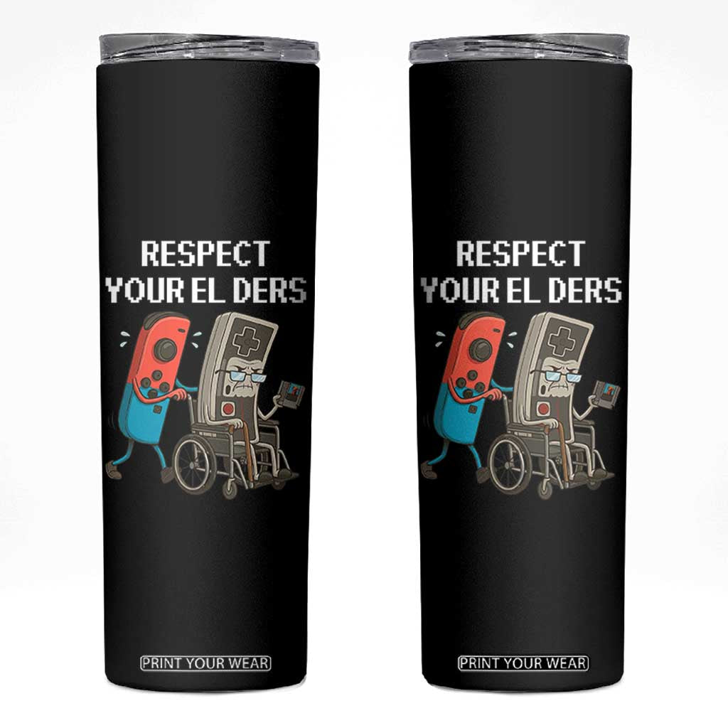 Respect Your Elders Retro Gaming Meme Skinny Tumbler Funny Gamer Controller 80s TS02 Black Print Your Wear