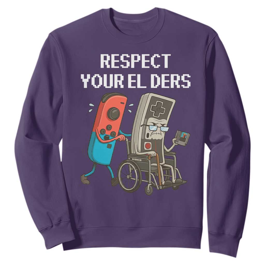 Respect Your Elders Retro Gaming Meme Sweatshirt Funny Gamer Controller 80s TS02 Purple Print Your Wear