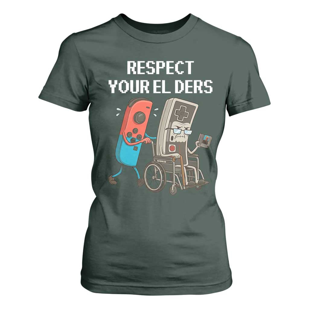 Respect Your Elders Retro Gaming Meme T Shirt For Women Funny Gamer Controller 80s TS02 Dark Forest Green Print Your Wear