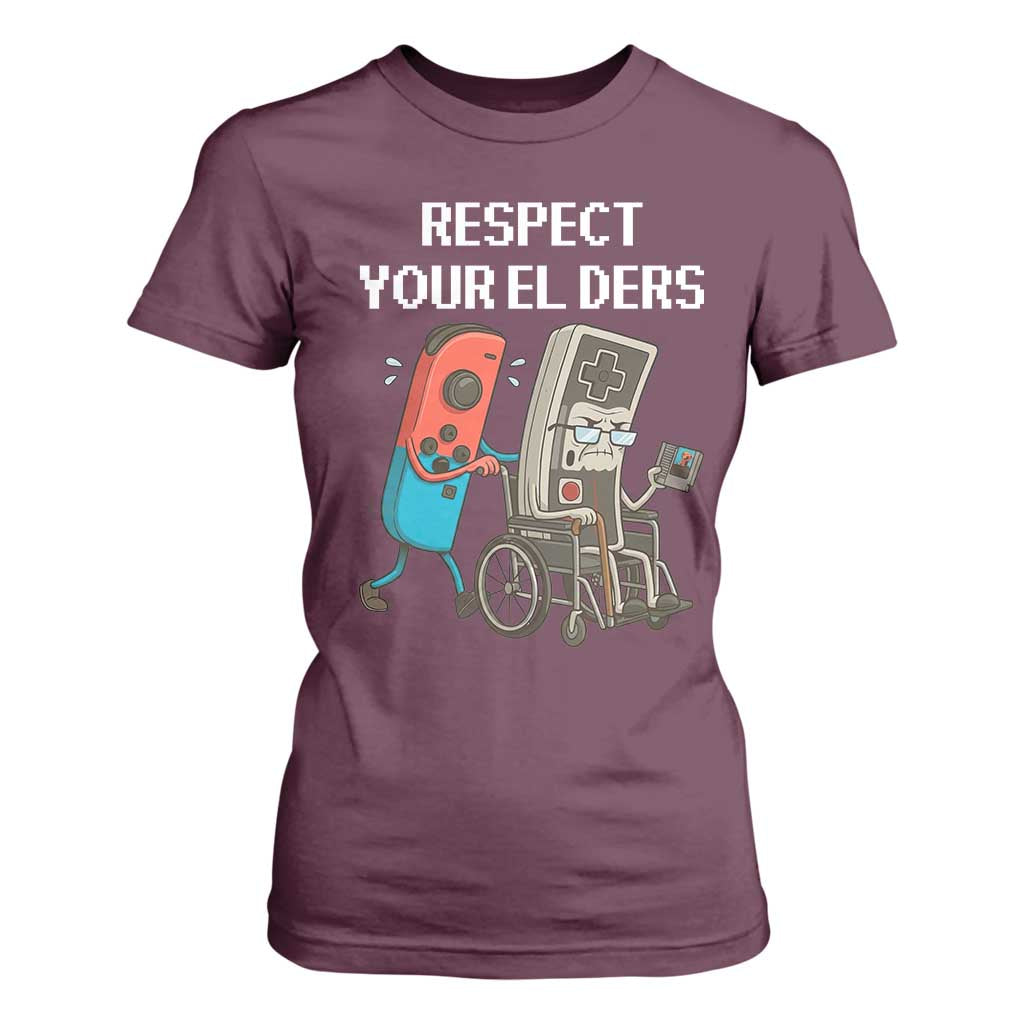 Respect Your Elders Retro Gaming Meme T Shirt For Women Funny Gamer Controller 80s TS02 Maroon Print Your Wear