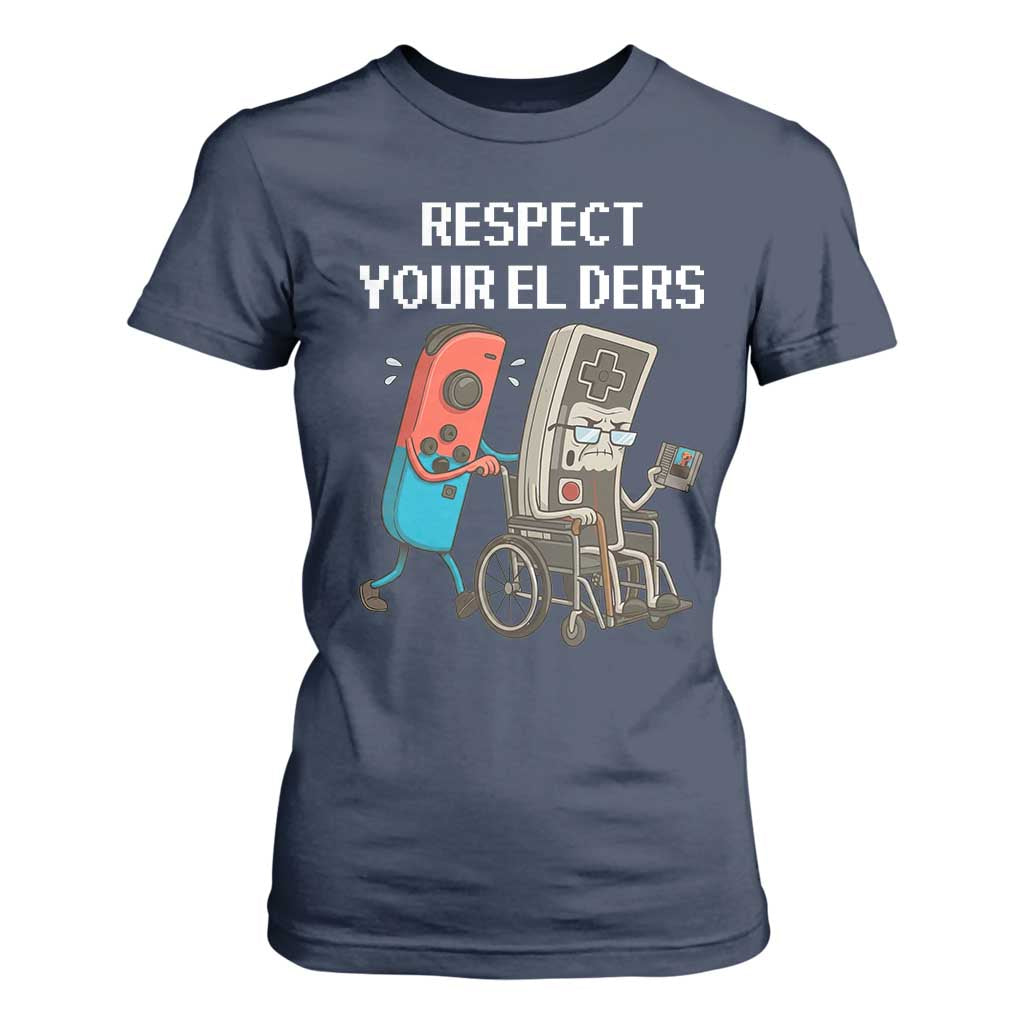Respect Your Elders Retro Gaming Meme T Shirt For Women Funny Gamer Controller 80s TS02 Navy Print Your Wear