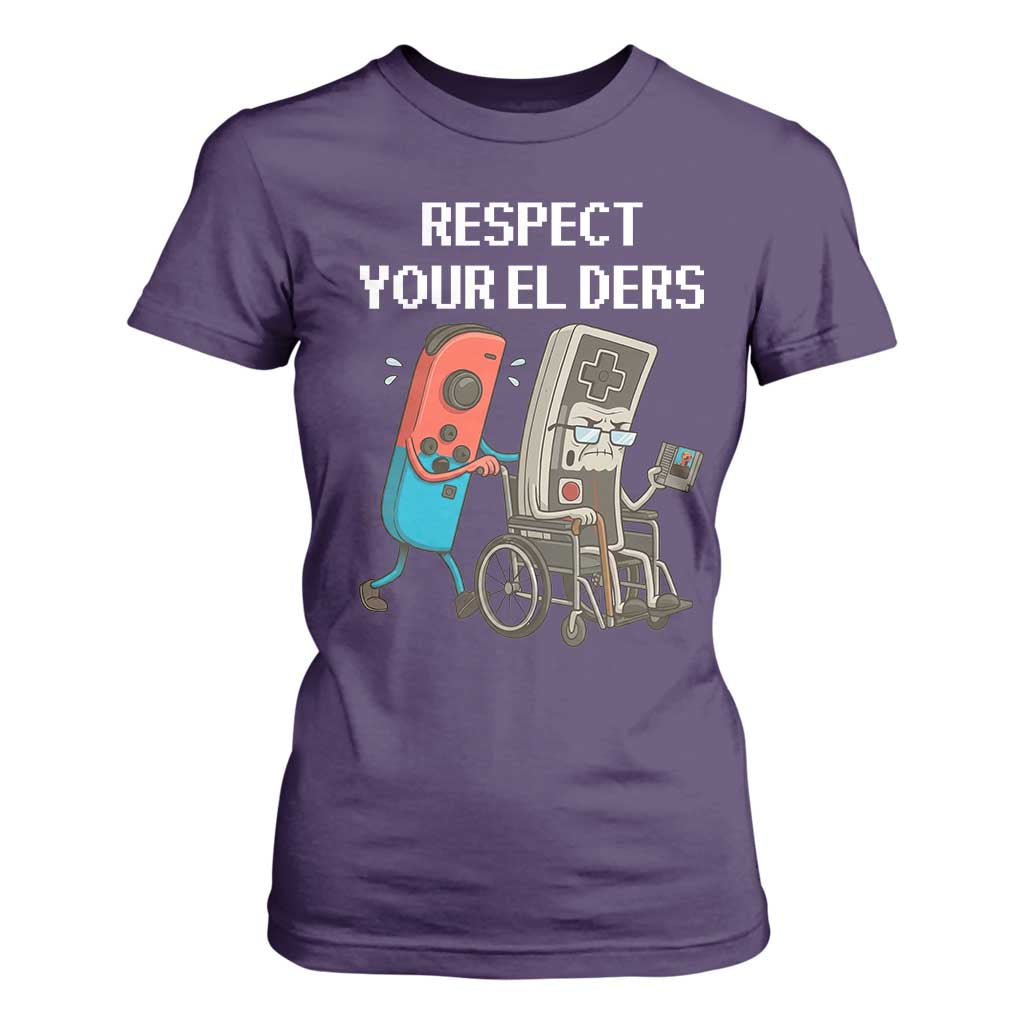 Respect Your Elders Retro Gaming Meme T Shirt For Women Funny Gamer Controller 80s TS02 Purple Print Your Wear