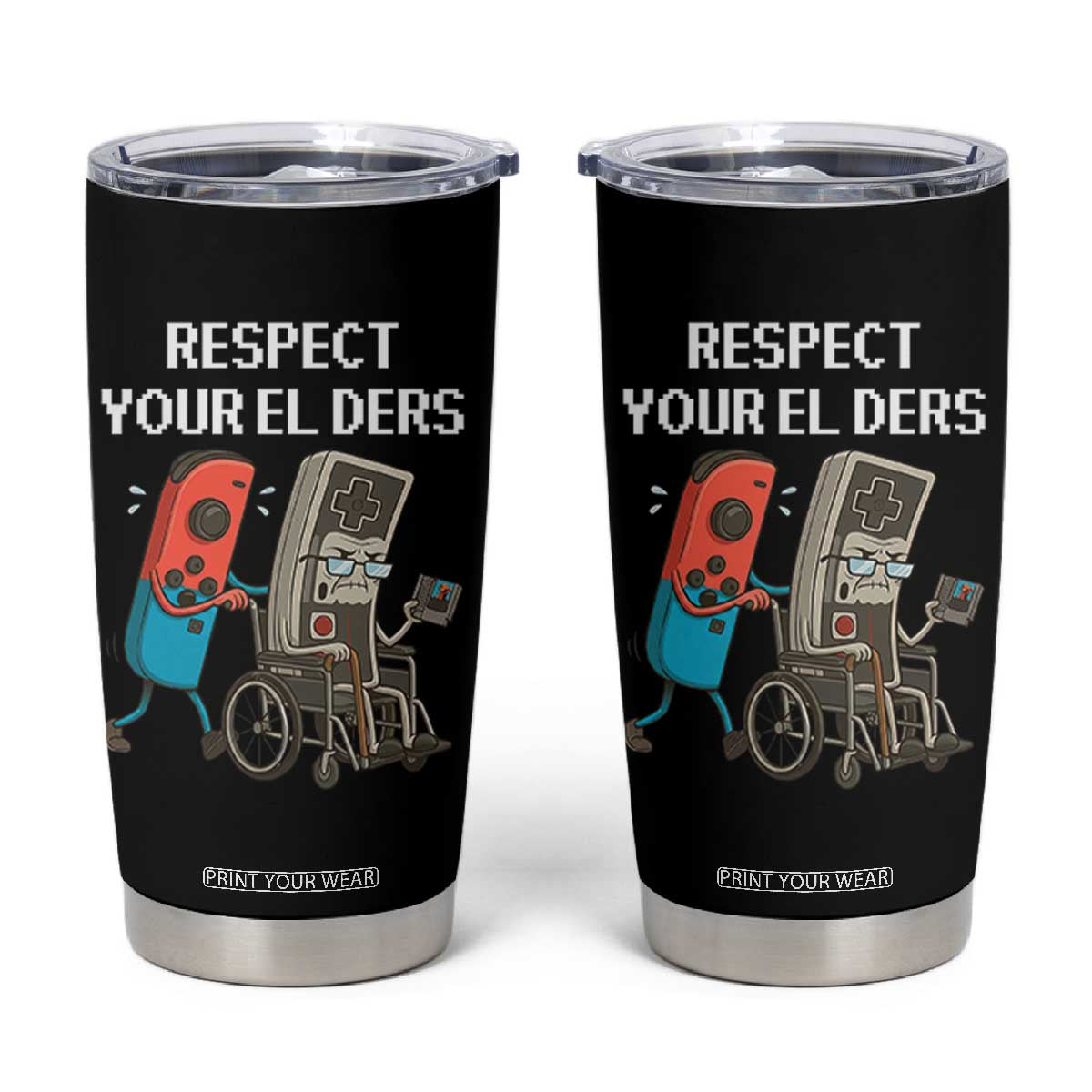 Respect Your Elders Retro Gaming Meme Tumbler Cup Funny Gamer Controller 80s TS02 Black Print Your Wear