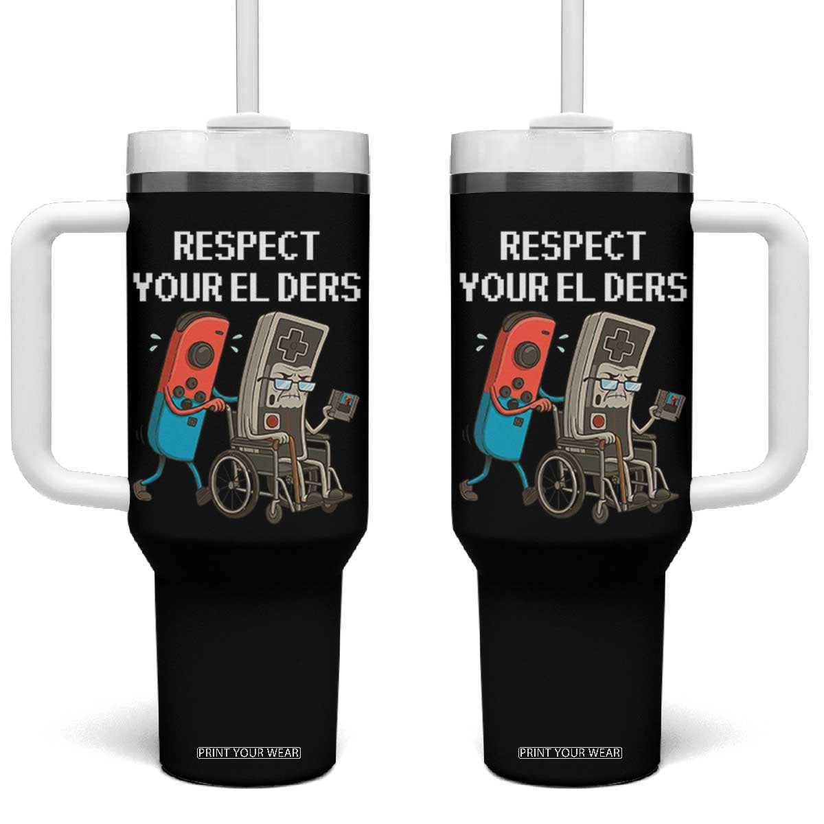 Respect Your Elders Retro Gaming Meme Tumbler With Handle Funny Gamer Controller 80s TS02 One Size: 40 oz Black Print Your Wear