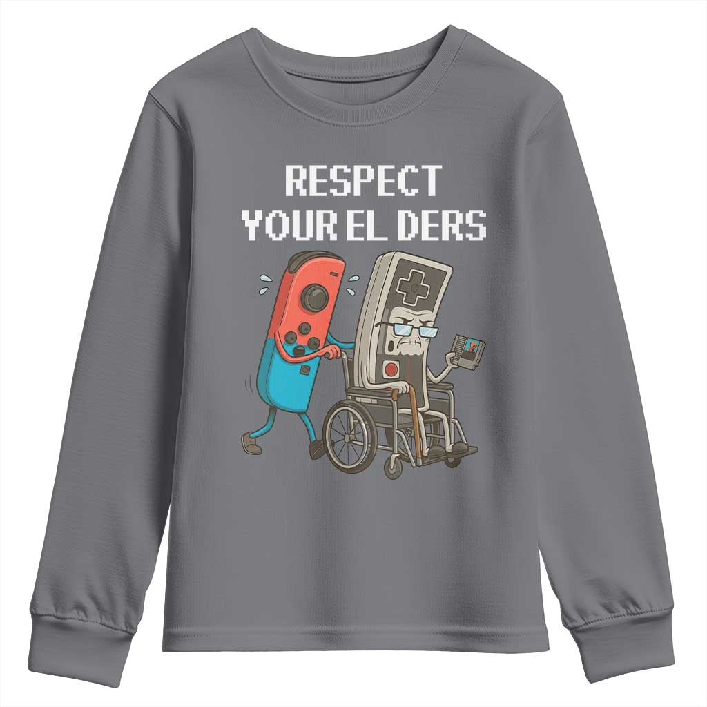 Respect Your Elders Retro Gaming Meme Youth Sweatshirt Funny Gamer Controller 80s TS02 Charcoal Print Your Wear