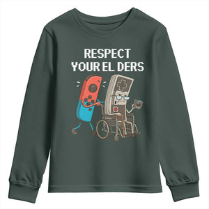 Respect Your Elders Retro Gaming Meme Youth Sweatshirt Funny Gamer Controller 80s TS02 Dark Forest Green Print Your Wear
