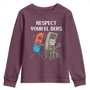 Respect Your Elders Retro Gaming Meme Youth Sweatshirt Funny Gamer Controller 80s TS02 Maroon Print Your Wear