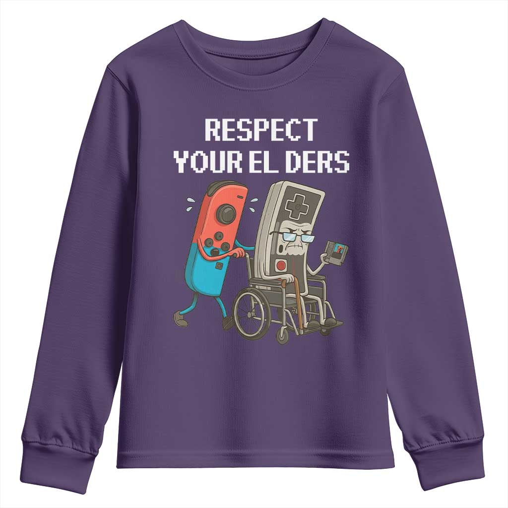 Respect Your Elders Retro Gaming Meme Youth Sweatshirt Funny Gamer Controller 80s TS02 Purple Print Your Wear