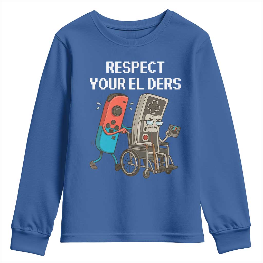 Respect Your Elders Retro Gaming Meme Youth Sweatshirt Funny Gamer Controller 80s TS02 Royal Blue Print Your Wear