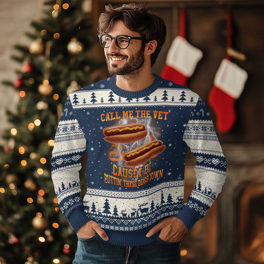 Call Me the Vet Offensive Hot Dog Meme Ugly Christmas Sweater I Be Putting These Dogs Down Funny Glizzy Globber TS02 Navy Beige Print Your Wear