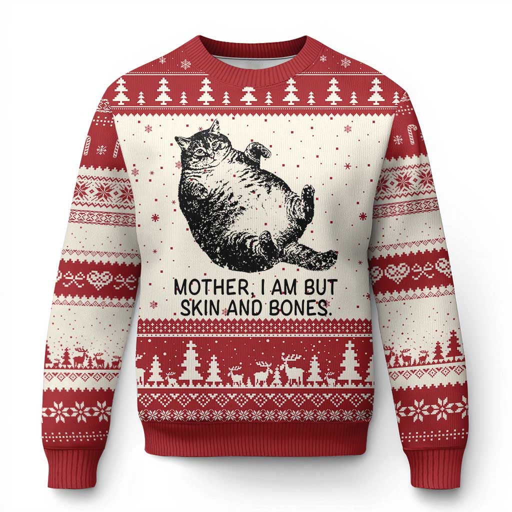 Funny Fat Cat Meme Ugly Christmas Sweater Mother I Am But Skin and Bones Sarcastic Feline Humor TS02 Beige Red Print Your Wear