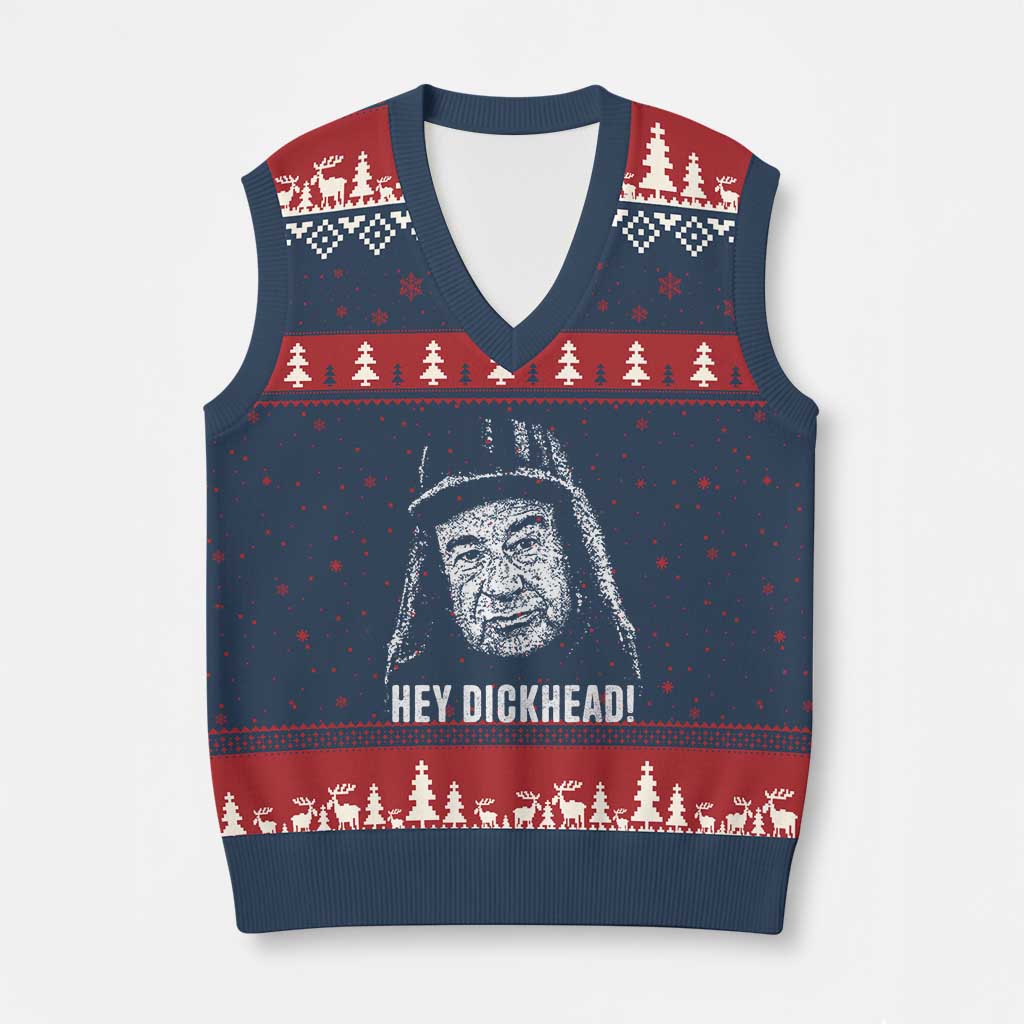Hey Dckhead Grumpy Old Man Humor V-Neck Knit Sweater Vest Jerk Sarcastic Comedy TS02 Navy Red Print Your Wear