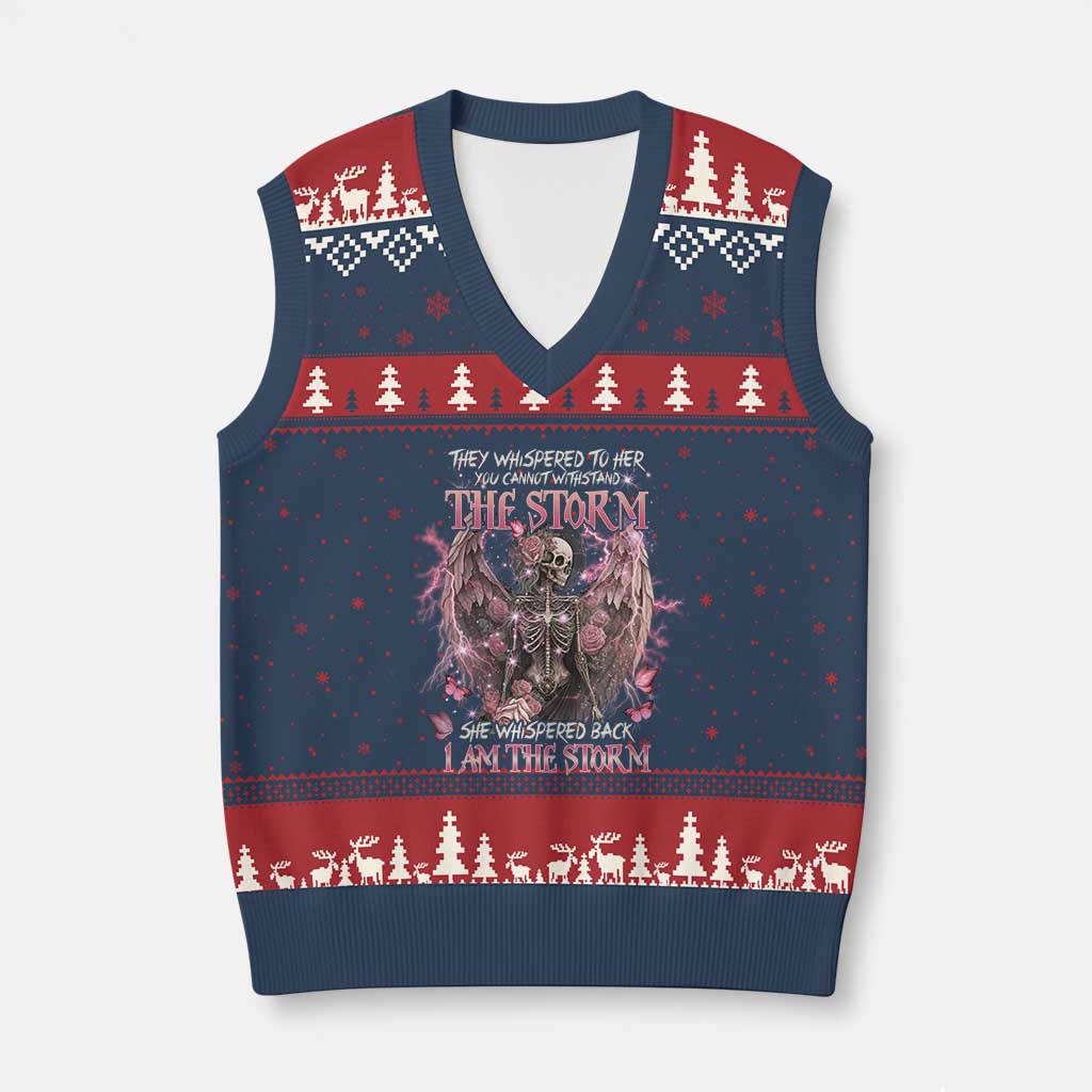 Gothic Skeleton Fairy V-Neck Knit Sweater Vest She Whispered Back I Am The Storm Dark Angel TS02 Navy Red Print Your Wear
