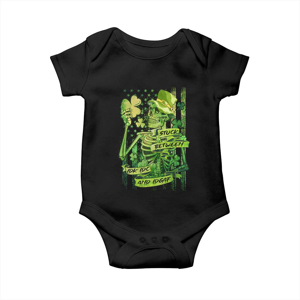 Irish Skeleton Baby Onesie Stuck Between IDK IDC And IDGAF St Patrick's Day Green Flag Skull TS02 Black Print Your Wear